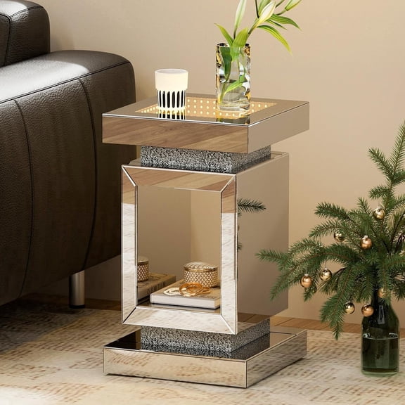 ARICOEASY Modern LED Light and Crushed Diamond Engineered Wood End Table, Silver