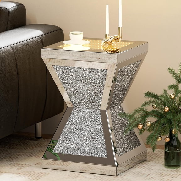 ARICOEASY Mirrored End Table with LED Lights, Mirrored Nightstand with Irregular Base, Silver Crushed Diamond Side Table with Large Tabletop for Living Room, Bedroom and Office