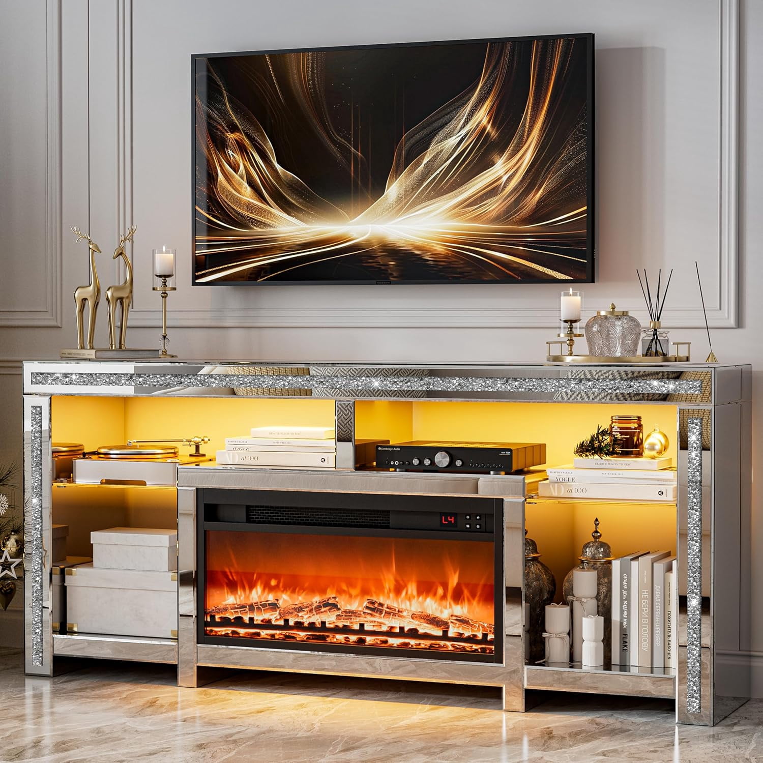 ARICOEASY Mirrored Fireplace TV Stand for 75+ inch TVs, Mirrored TV Stand with Crushed Diamond & LED Light, Silver Entertainment Center with Fireplace & Adjustable Shelves for Living Room