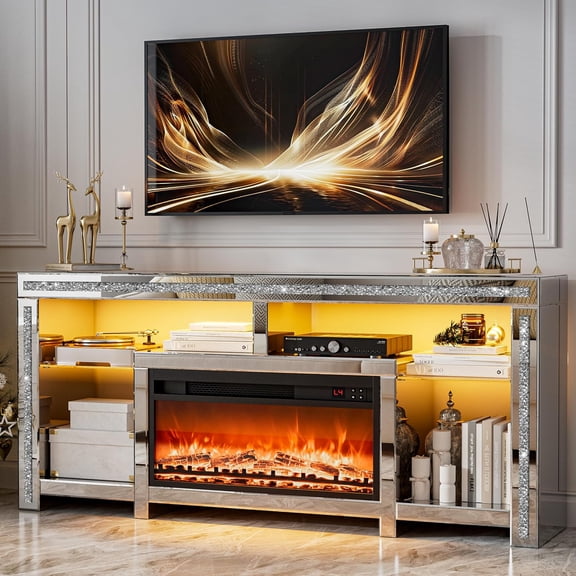 ARICOEASY Mirrored Fireplace TV Stand for 75+ inch TVs, Mirrored TV Stand with Crushed Diamond & LED Light, Silver Entertainment Center with Fireplace & Adjustable Shelves for Living Room