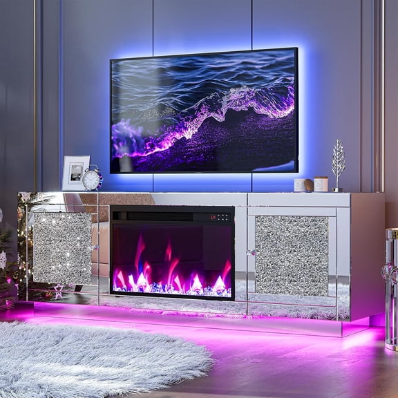 ARICOEASY Mirrored Fireplace TV Stand for 65+ Inch TV, Crushed Diamond Silver Media Entertainment Center with RGB LED Light