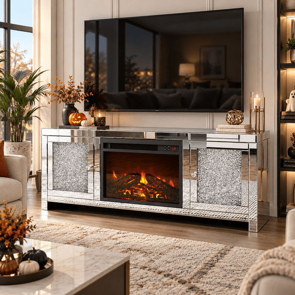 ARICOEASY Mirrored Fireplace TV Stand for TVs up to 55" with LED lights, Modern Entertainment Center for Living Room, Bedroom