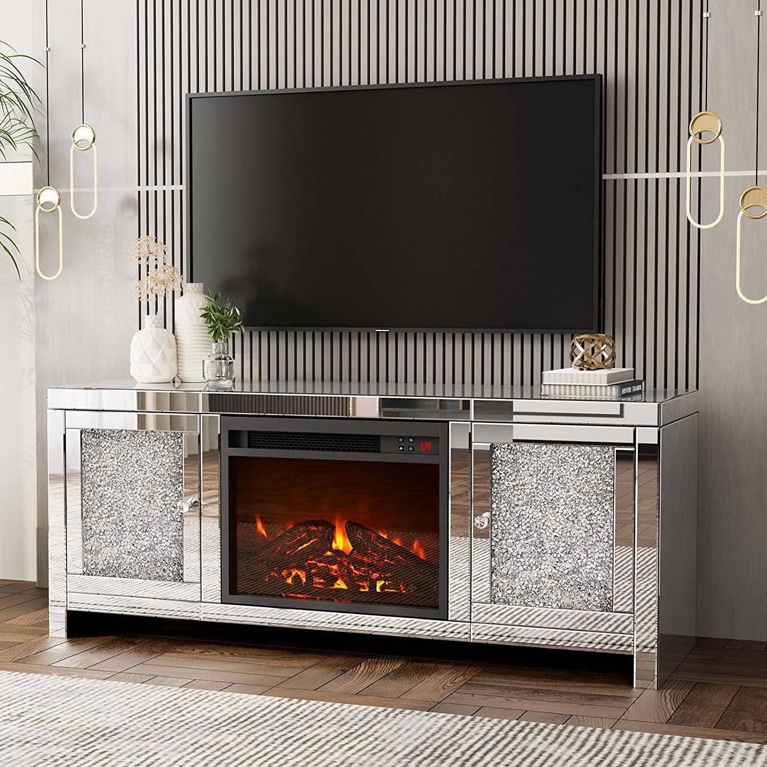 ARICOEASY Mirrored Fireplace TV Stand for TVs up to 55" with LED lights, Modern Entertainment Center for Living Room, Bedroom