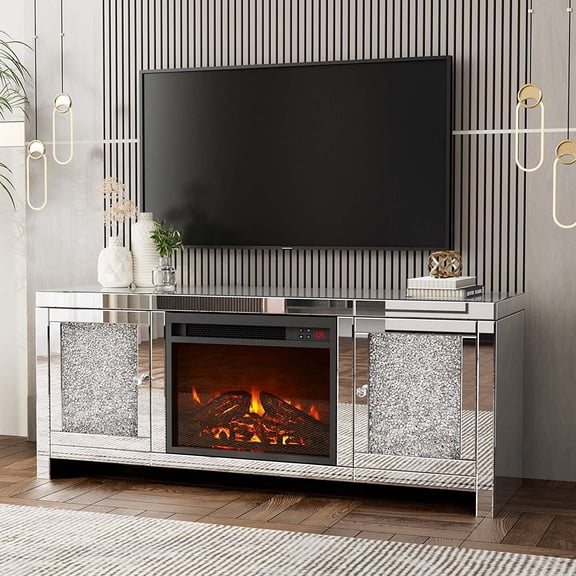 ARICOEASY Mirrored Fireplace TV Stand for TVs up to 55" with LED lights, Modern Entertainment Center for Living Room, Bedroom