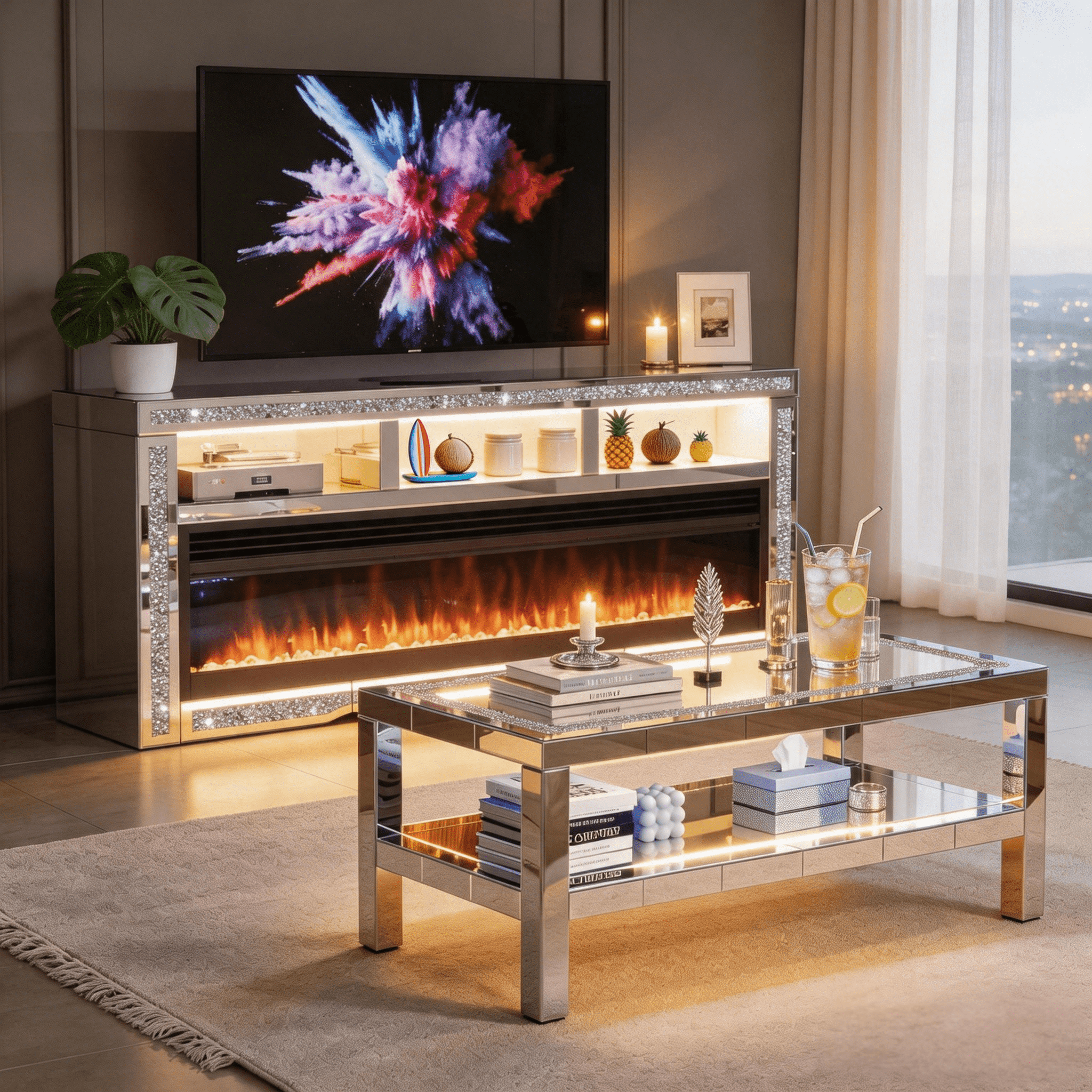 ARICOEASY Mirrored Living Room Furniture Set with Fireplace TV Stand and LED Coffee Table, Set of 2