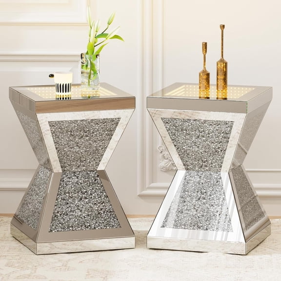 ARICOEASY Mirrored Nightstand Set of 2, LED End Table with Irregular Base, Silver Accent Beside Table with Crushed Diamond for Living Room, Bedroom and Office (Remote Control Included)