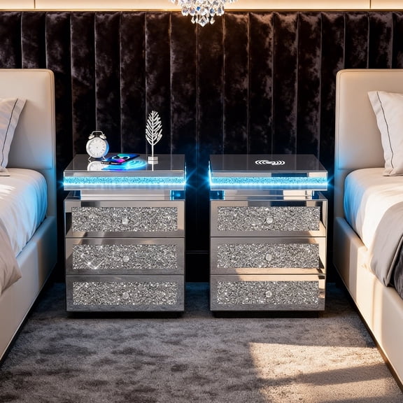 ARICOEASY Mirrored Nightstands Set of 2 with LED Lights & Charging Station, Silver Glam Bedroom Furniture Set, Fully Assembled