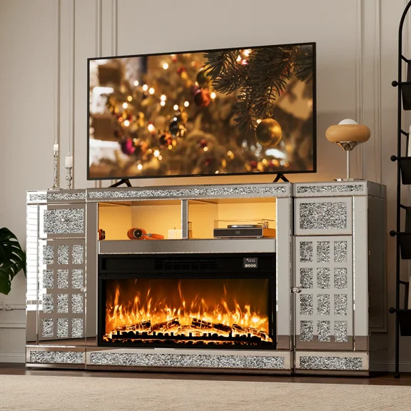 ARICOEASY Mirrored TV Stand with Fireplace for 65+ inch TV, Mirrored Fireplace TV Stand with LED Light, Silver Electric Fireplace with Crushed Diamond for Living Room