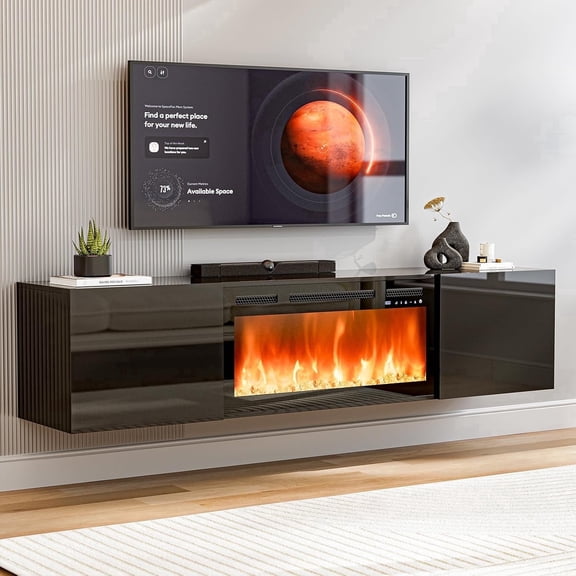 ARICOEASY Modern Floating TV Stand with 30" Electric Fireplace Heater, LED Light Entertainment Center with Media Storage for Living Room, Black