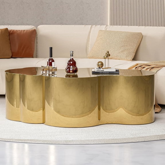 ARICOEASY Modern Gold Stainless Steel Coffee Table Cloud Shape Accent Table Large Luxury Center Table for Living Room Bedroom Office