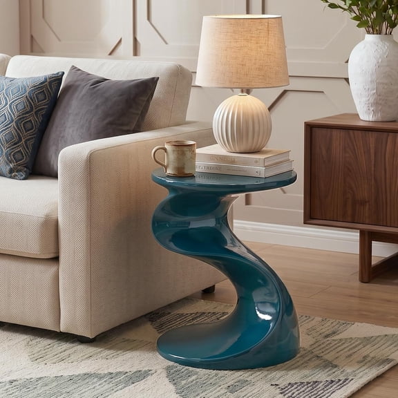 ARICOEASY Modern High-Gloss Blue S-Shape Side Table for Small Spaces, Blue