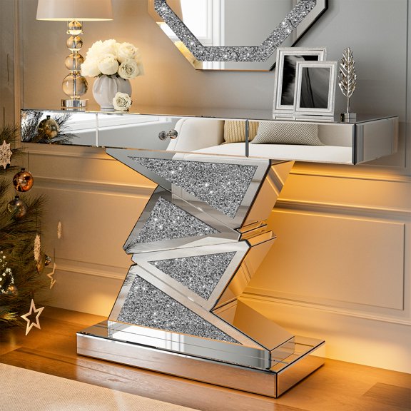 ARICOEASY Modern Mirrored Console Table with Large Drawer for Living Room, Hallway, Foyer, Entrance