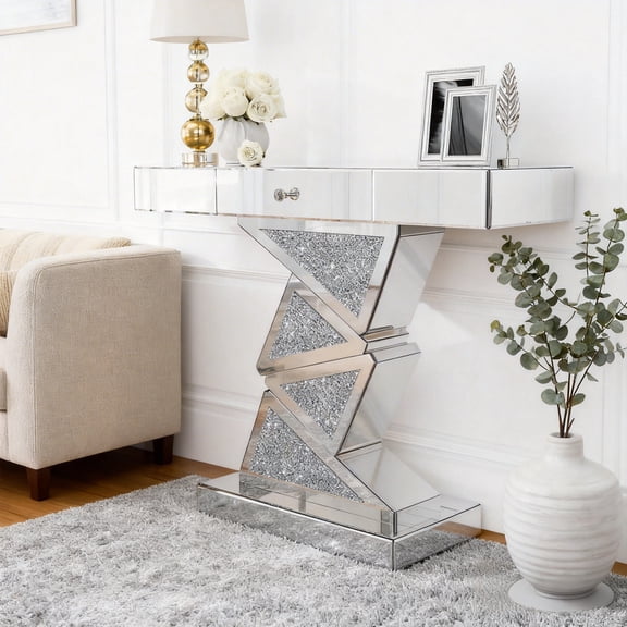ARICOEASY Modern Mirrored Console Table with Large Drawer for Living Room, Hallway, Foyer, Entrance
