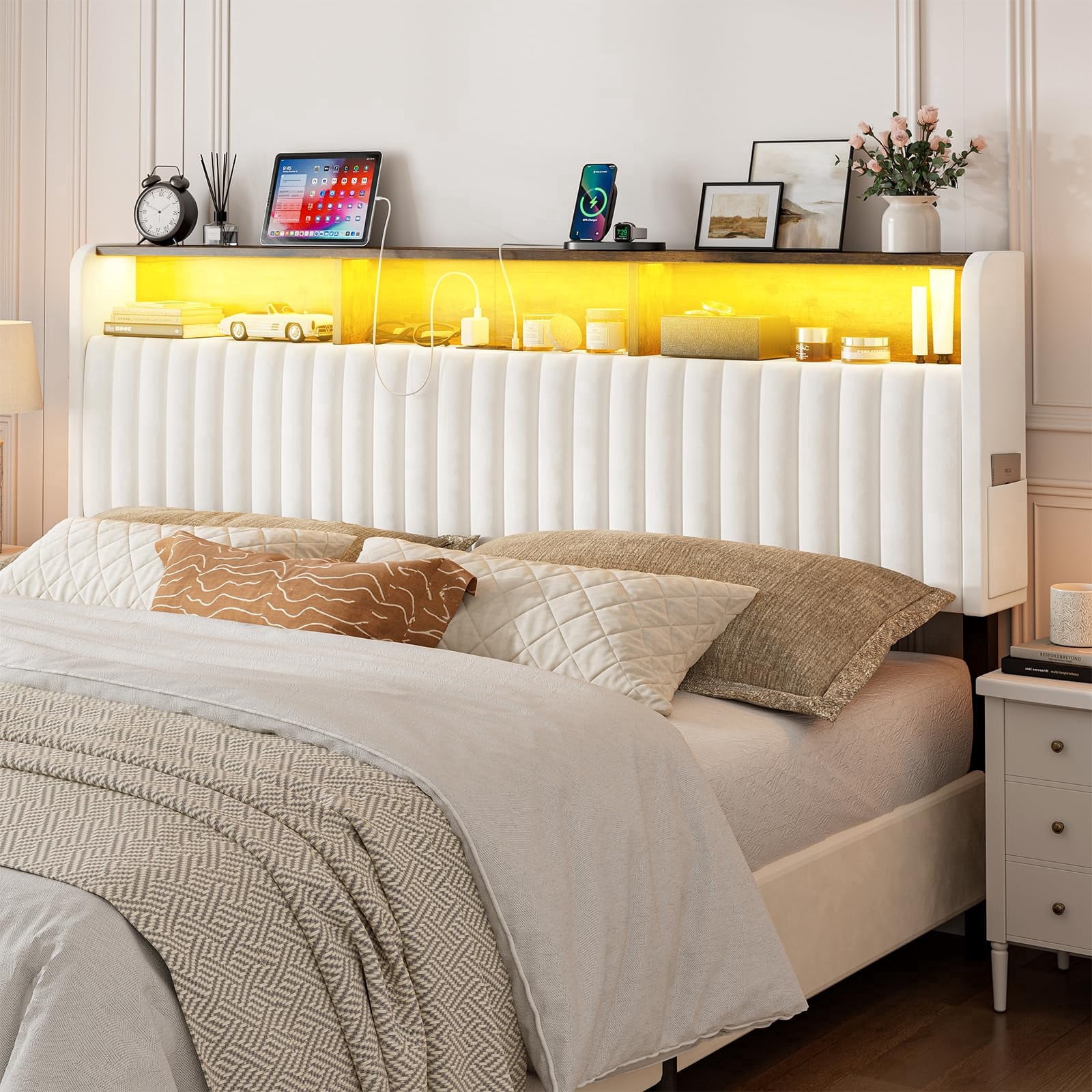 ARICOEASY King Size Headboard Modern Velvet Upholstered Headboard with Storage Shelf, LED Lights & USB Charging Station, Adjustable Height Freestanding Bed Headboard Only, White