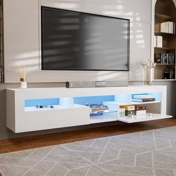 ARICOEASY Modern Wall Mounted TV Stand with LED Lights, Floating Entertainment Center for up to 85 Inch TV, High Gloss White Media Console with Storage & 2 Drawers