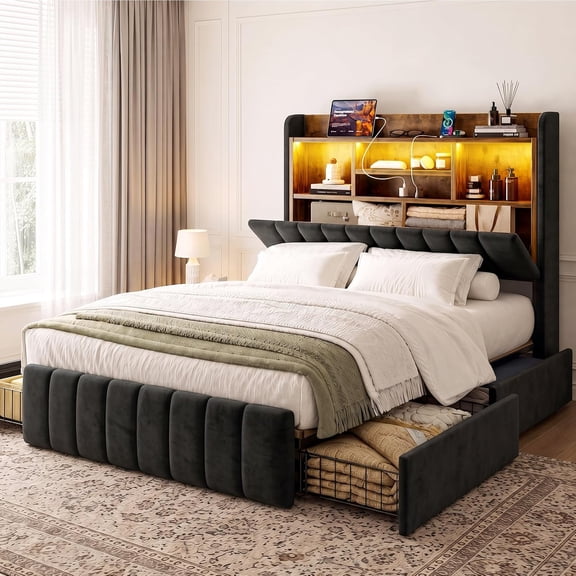 ARICOEASY Modern Queen Size Bed Frame with Hidden Storage and LED Lights for Bedroom, Black