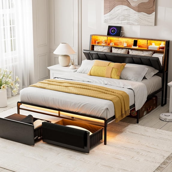 ARICOEASY Queen Size Bed Frames with Storage Headboard, LED Lights, USB/Type-C Charging Station, Dustproof Drawers, Ergonomic Design, No Box Spring Needed, Black
