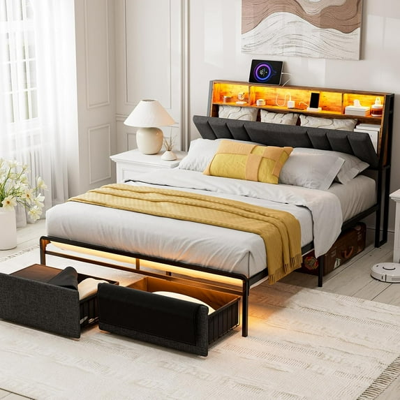 ARICOEASY Queen Size Bed Frames with Storage Headboard, LED Lights, USB/Type-C Charging Station, Dustproof Drawers, Ergonomic Design, No Box Spring Needed, Dark Grey