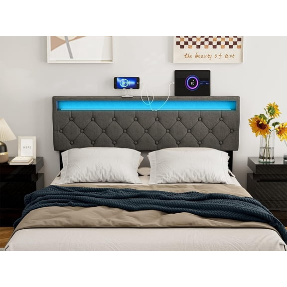 ARICOEASY Queen Size Headboard with LED Lights and 2 USB Ports, Adjustable Height Headboard for Bed, Dark Grey