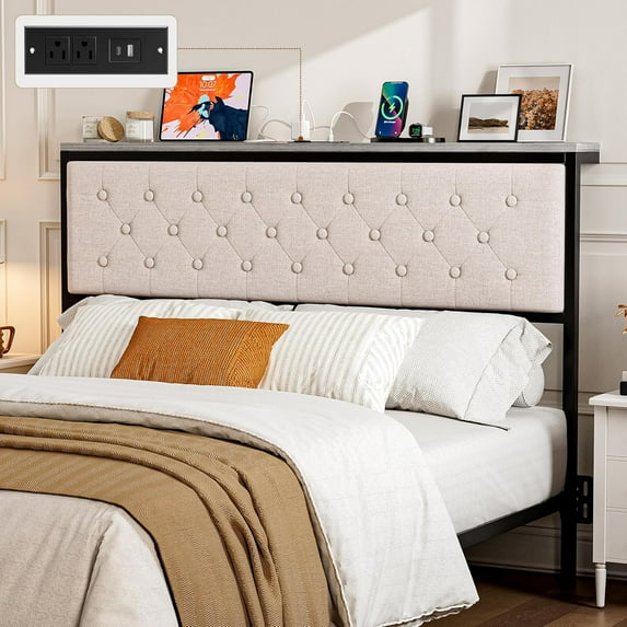 ARICOEASY Queen Size Storage Headboard with Charging Station, Upholstered Button Tufted Headboard, Easy Assembly, Beige