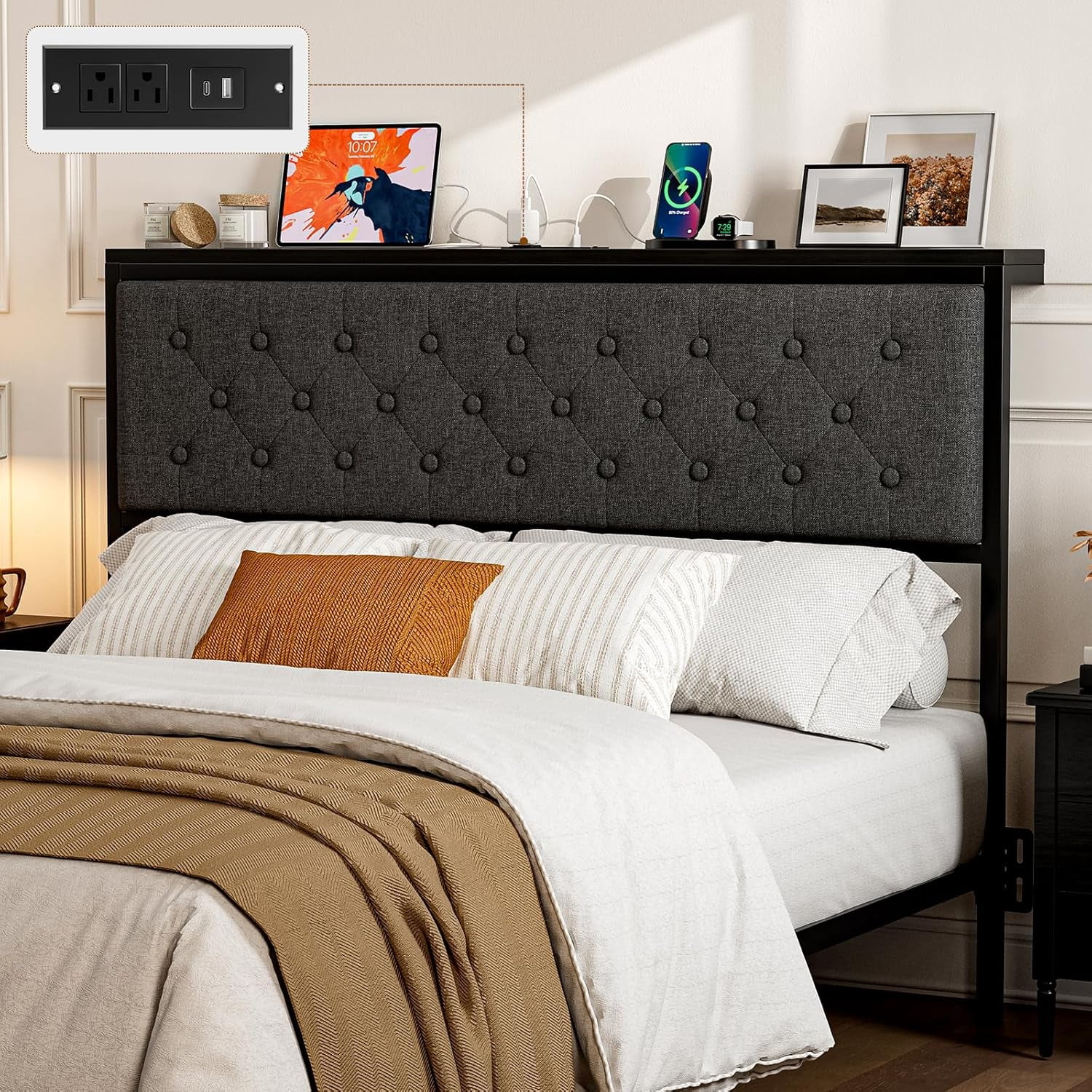 ARICOEASY Queen Size Storage Headboard with Charging Station, Upholstered Button Tufted Headboard, Easy Assembly, Dark Grey
