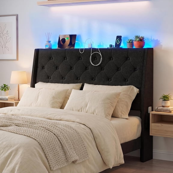ARICOEASY Queen Upholstered Headboard with Storage & Charging Station, Black