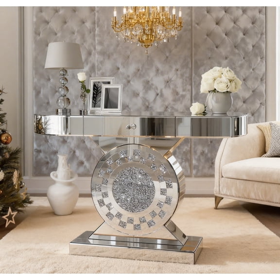 ARICOEASY Round LED Mirrored Console Table Silver Entryway Table with Diamond Inlay Color Changing Light Long Accent Table Glass Sofa Table Modern Home Decor Furniture