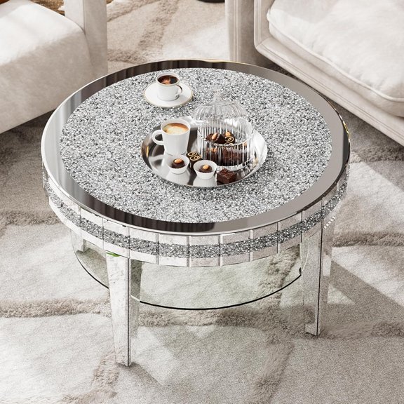 ARICOEASY Round Mirrored Coffee Table with Storage, Luxury Table Center Table Decorative Bling Crushed Diamond Around for Living Room