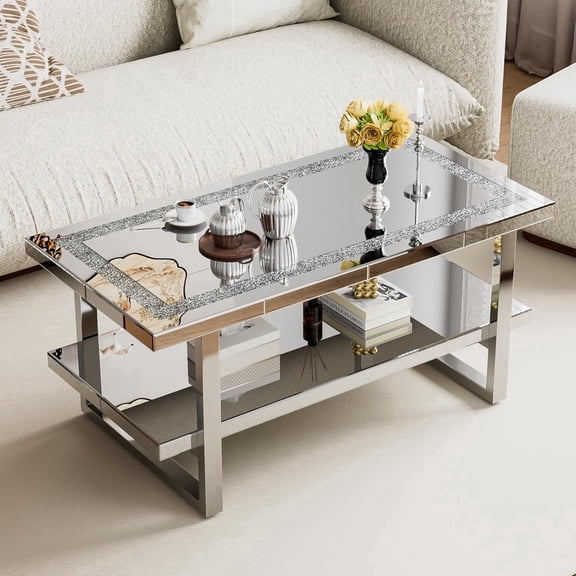 ARICOEASY Modern Mirrored Coffee Table Contemporary 2-Tier Storage Table with Crushed Diamond & Stainless Steel Legs for Living Room