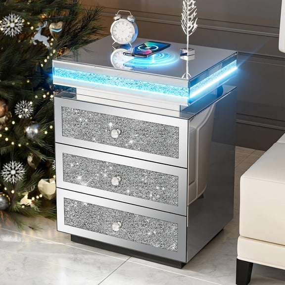 ARICOEASY Silver Mirrored Nightstand End Table Side Table with Charging Station Wireless, LED, Crystal & 3 Drawers, No Assembly Needed