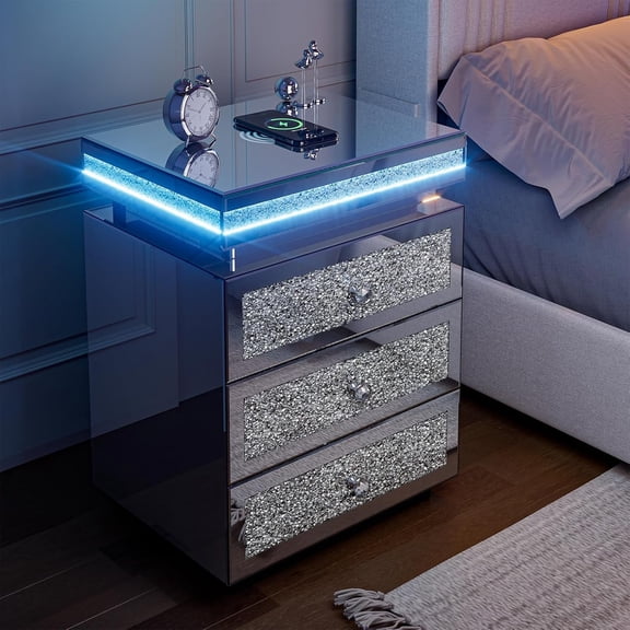 ARICOEASY Silver Mirrored Nightstand End Table Side Table with Charging Station Wireless and LED Lights, No Assembly Needed