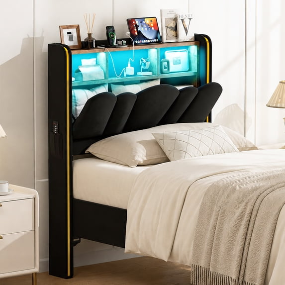ARICOEASY Twin Size Storage Headboard Only with Charging Station & LED Light for Twin Beds, Black