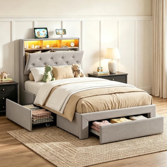 ARICOEASY Twin XL Bed Frames with Hidden Storage Headboard & Drawers, Upholstered Twin XL Platform Bed with LED Lights, Type-C Charging Station, No Box Spring Needed, Solid Wood Slats, Light Grey