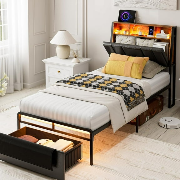 ARICOEASY Twin XL Bed Frames with Hidden Storage Headboard, LED Lights, USB Charging Station, Dustproof Storage Drawer, Black