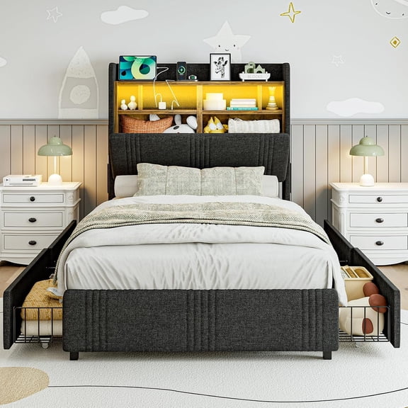 ARICOEASY Twin XL Black Upholstered Bed Frame with Storage Headboard & 4 Drawers, 49.2” Tall Wingback Platform Bed with RGB LED Lights & Charging Station, No Box Spring Needed, Noise-Free
