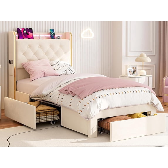 ARICOEASY Twin XL Bed Frames with 3 Drawer Storage, Velvet Platform Bed with Button Tufted Headboard, Beige