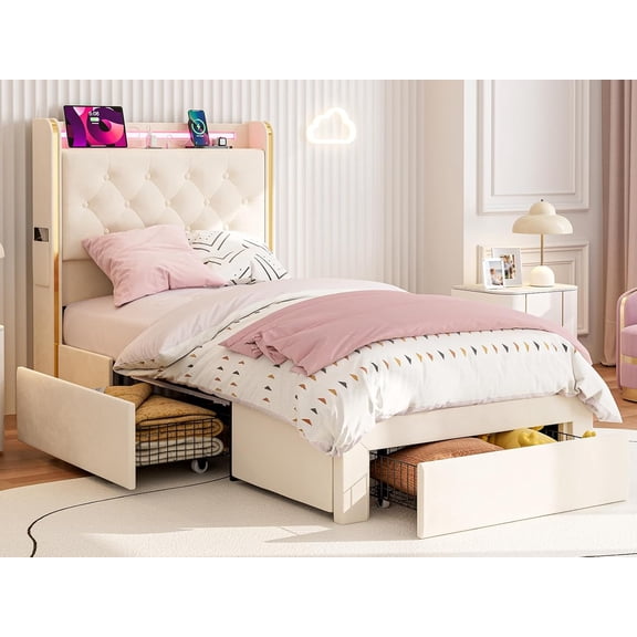 ARICOEASY Twin XL Bed Frames with 3 Drawer Storage, Velvet Platform Bed with Button Tufted Headboard, Beige