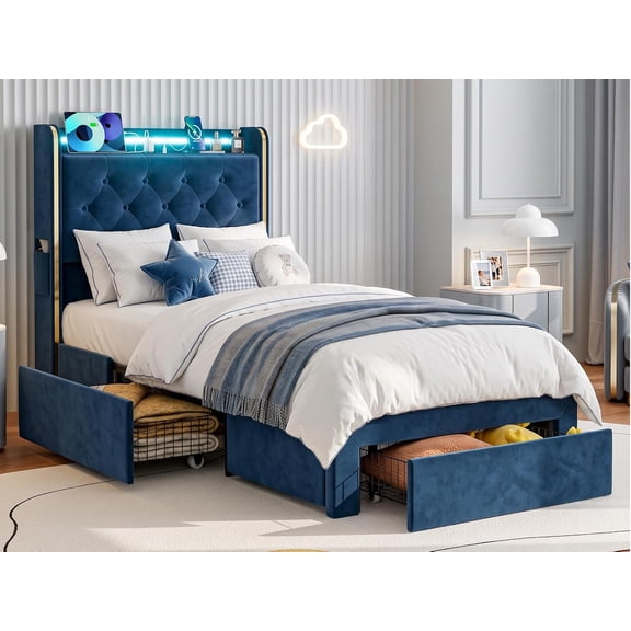 ARICOEASY Twin XL Velvet Upholstered Platform Bed Frame with Storage Drawers and LED lights, Wood Slat Support, No Box Spring Needed, Easy Assembly, Blue
