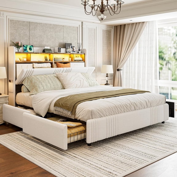 ARICOEASY Upholstered Bed Frame with 4 Storage Drawers King Size Bed Frame with Headboard & LED Light, White