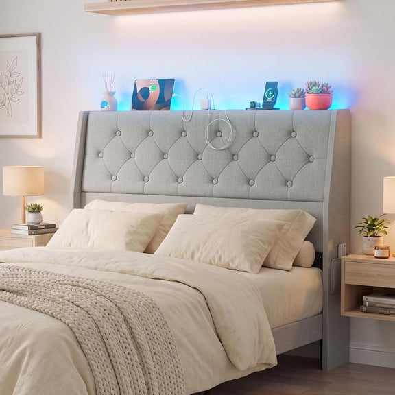 ARICOEASY Upholstered Foam Headboard Queen Bed with LED Lights, Charging Station, Ergonomic Design, Light Grey