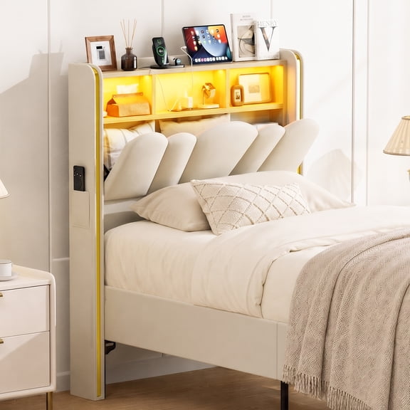 ARICOEASY Upholstered Headboard for Twin Beds with Storage Space, Cloud-shaped Headboard with LED Light and Power Outlets, Beige