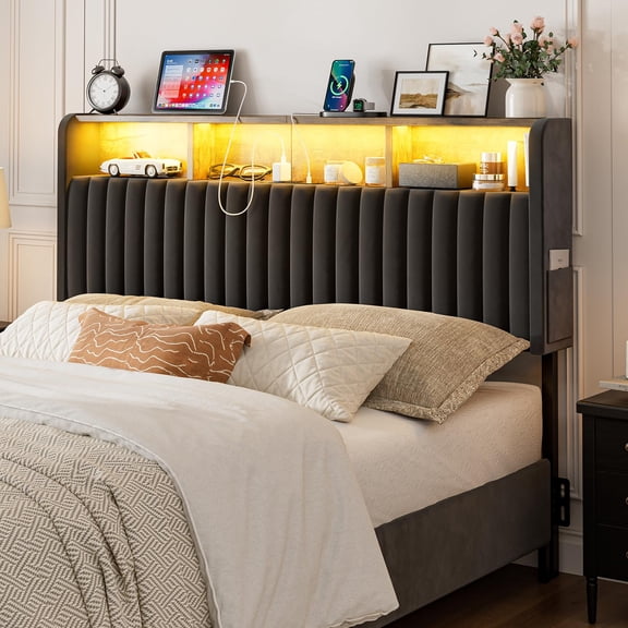 ARICOEASY Velvet Queen Size Headboard with Storage Shelf, LED Lighting & Built-in Charging Station, Adjustable Height Freestanding Design, Easy Assembly, Black