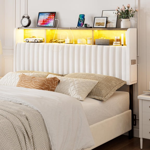 ARICOEASY Velvet Queen Size Headboard with Storage Shelf, LED Lighting & Built-in Charging Station, Adjustable Height Freestanding Design, Easy Assembly, White