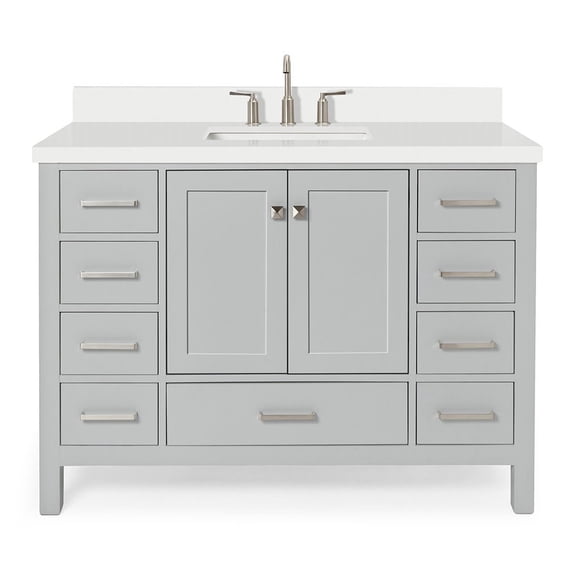 ARIEL 49" Bathroom Vanity with 1.5" Edge Pure White Quartz Countertop & Backsplash, Center Rectangular Sink, 2 Soft Closing Doors, 9 Full Extension Dovetail Drawers, Brushed Nickel -Grey