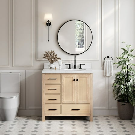 Ariel Cambridge 36 Inch Single Oval Sink Bathroom Vanity With Carrara White Quartz Countertop 1.5 Inch Edge In Oak
