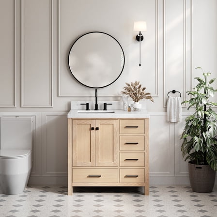 ARIEL Cambridge 36 Inch Oak Bathroom Vanity with Sink, Carrara White Quartz Countertop 1.5 inch Edge and backsplash, Soft Closing Door and Drawer, Matte Black