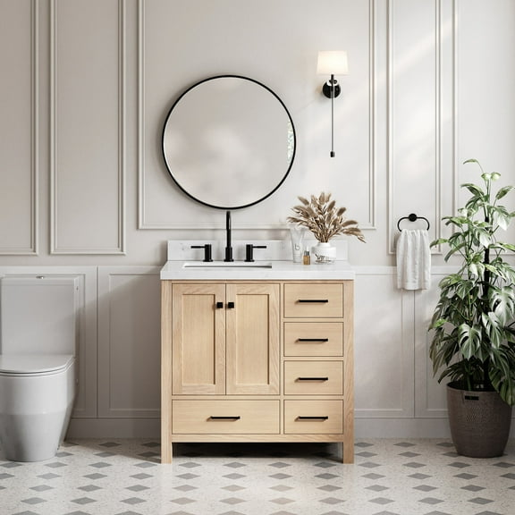 ARIEL Cambridge 36 Inch Oak Bathroom Vanity with Sink, Carrara White Quartz Countertop 1.5 inch Edge and backsplash, Soft Closing Door and Drawer, Matte Black