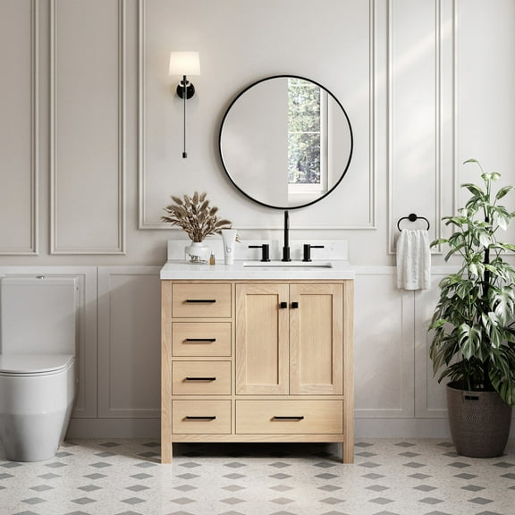 ARIEL Cambridge 36 Inch Oak Bathroom Vanity with Sink, Carrara White Quartz Countertop 1.5 inch Edge and backsplash, Soft Closing Door and Drawer, Matte Black