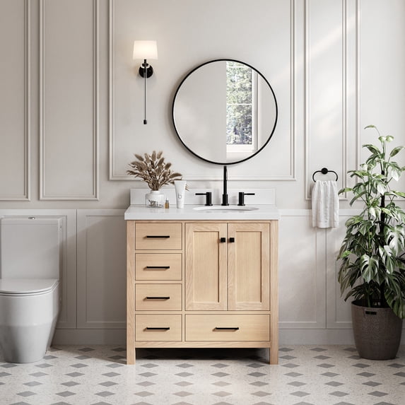 Ariel Cambridge 37 Inch Single Oval Sink Bathroom Vanity With Pure White Quartz Countertop 1.5 Inch Edge In Oak