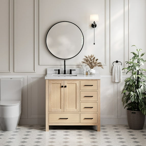 Ariel Cambridge 37 Inch Single Rectangular Sink Bathroom Vanity With Italian Carrara Marble Countertop 1.5 Inch Edge In Oak